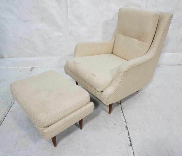 Lot 680  -  Modernist Tall Back Upholstered Lounge Chair & Ottoman. Wood peg legs. Not marked. -- Dimensions:  H: 36 inches: W: 26 inches: D: 34 inches --- 