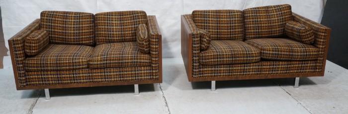 Lot 685  -  Pr MILO BAUGHMAN style Love Seats. Walnut Wood Sides and Back. Chrome legs. Colorful fabric upholstery. -- Dimensions:  H: 25 inches: W: 54 inches: D: 37 inches --- 