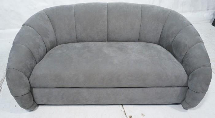 Lot 686  -  Gray Blue Ultra suede Contemporary Sofa Couch. Black wood feet. -- Dimensions:  H: 30 inches: W: 64 inches: D: 31 inches --- 