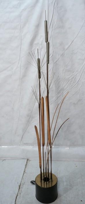 Lot 688  -  C JERE Tall Copper & Mixed Metal Cattails Sculpture Light. Light bulb in base. Signed & dated. -- Dimensions:  H: 80 inches: W: 10.25 inches --- 