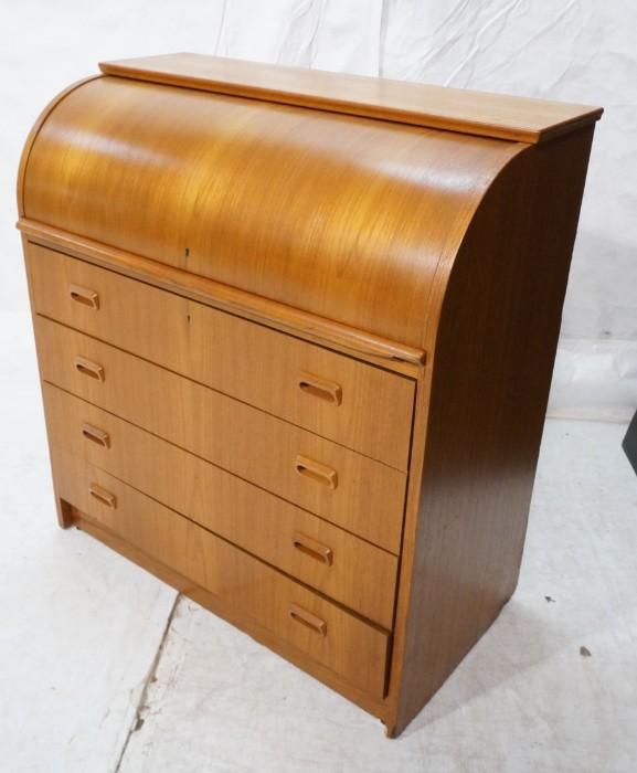 Lot 691  -  Teak Danish Modern Roll Top Desk. Four Drawers with wood pulls. Three interior drawers & shelves. -- Dimensions:  H: 38 inches: W: 35 inches: D: 18 inches --- 