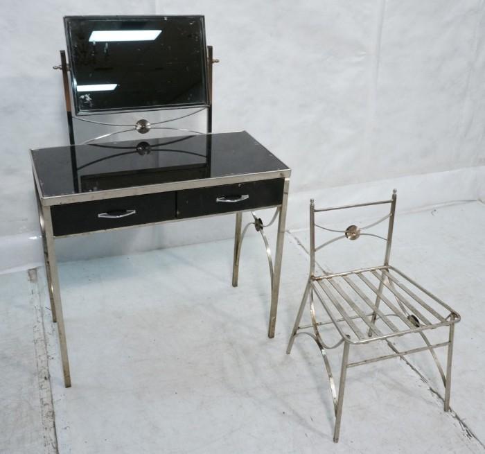 Lot 692  -  Vintage Metal Vanity & Chair. Chromed metal frame with black wood front drawers. Swivel mirror. -- Dimensions:  H: 44 inches: W: 30.5 inches: D: 16 inches --- 