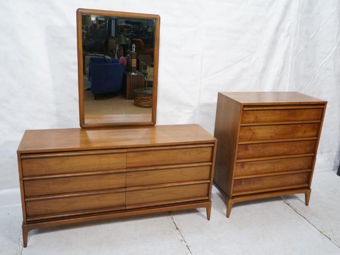 Lot 693  -  3pc LANE Walnut American Modern Dresser. Mirror. High & Low Chests with wood horizontal pull. Raised on shaped skirt and square legs. Marked-- Dimensions:  H: 44 inches: W: 36 inches: D: 18 inches --- 