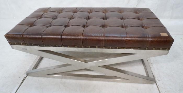 Lot 699  -  Modernist Tufted Bench. Aluminum "X" Base. Brown Leather Top. Stud details-- Dimensions:  H: 20 inches: W: 4548 inches: D: 25 inches --- 