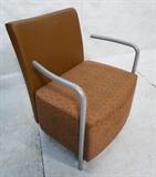 Lot 700  -  HERMAN MILLER Side Arm Chair. Modernist Gray Painted Metal Arms. Leather Back. Tagged-- Dimensions:  H: 33 inches: W: 27 inches: D: 23 inches --- 