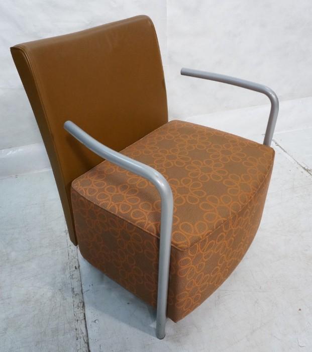 Lot 700  -  HERMAN MILLER Side Arm Chair. Modernist Gray Painted Metal Arms. Leather Back. Tagged-- Dimensions:  H: 33 inches: W: 27 inches: D: 23 inches --- 