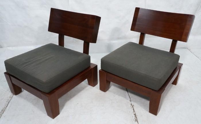 Lot 702  -  Pr Contemporary Decorator Modernist Lounge Chairs. Low Frames. Wood Trim. Sitcom Furniture.-- Dimensions:  H: 31 inches: W: 26 inches: D: 31 inches --- 