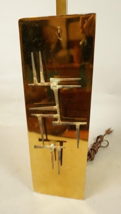 Lot 704  -  Brass Square Column Lamp with Brutalist Nail Art. -- Dimensions:  H: 31 inches: W: 5.5 inches: D: 5.5 inches --- 