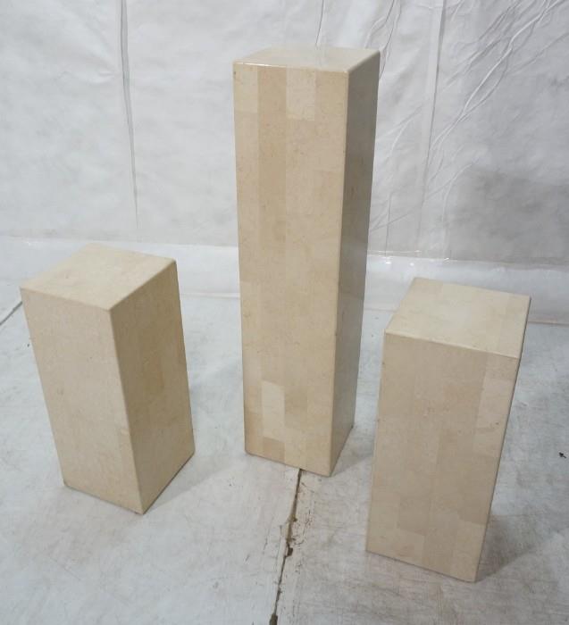 Lot 705  -  3pc Marble Veneer Square Pedestals. Matching pair lower pedestals. One taller. -- Dimensions:  H: 42 inches: W: 10 inches: D: 10 inches --- 