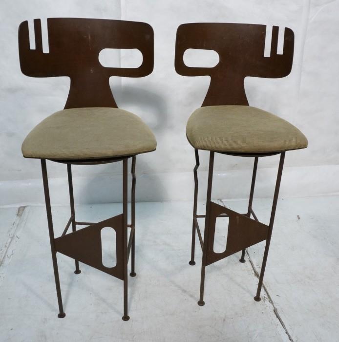 Lot 706  -  Pr Metal Artisan style Bar Stools with swivel seats. Decorative backs.-- Dimensions:  H: 46 inches: W: 20 inches: D: 21 inches --- 