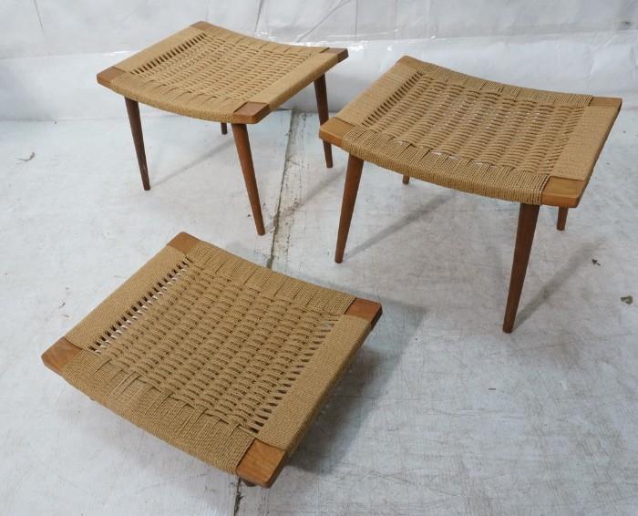 Lot 707  -  3pc AFM Japan Woven Rush Stools. Two matching on peg legs. One lower one with replaced legs.  Marked-- Dimensions:  H: 13 inches: W: 19 inches: D: 15 inches --- 