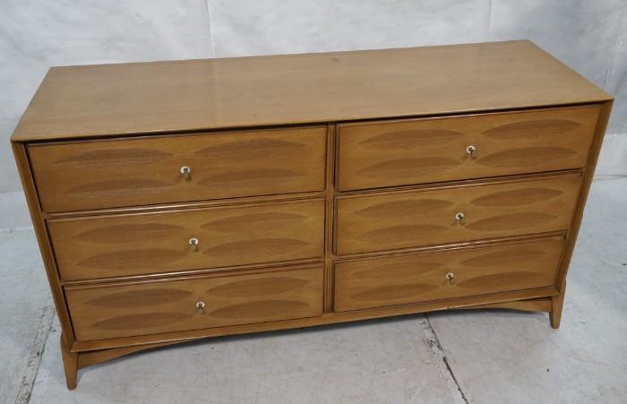 Lot 723  -  HEYWOOD WAKEFIELD 6 Drawer Low Dresser. Angled Legs. Carved detail to drawers. Marked.-- Dimensions:  H: 32 inches: W: 58.5 inches: D: 19.25 inches --- 