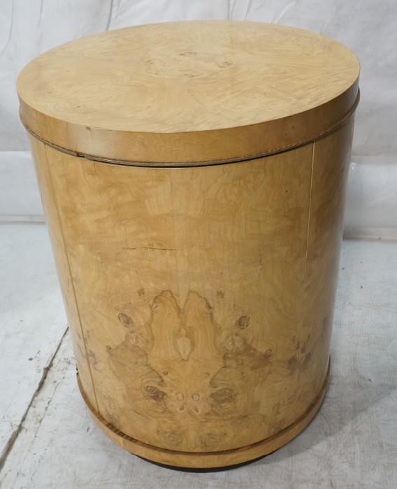 Lot 725  -  HENREDON Scene Two Drum Side Table. Burled Wood 1 Door Cabinet. Recessed black base.-- Dimensions:  H: 25.5 inches: W: 18.75 inches --- 