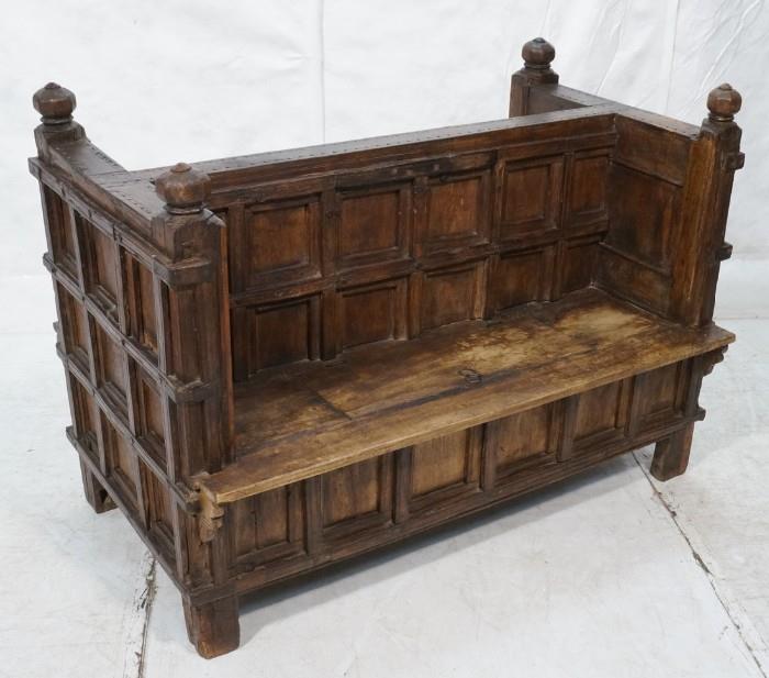 Lot 728  -  East Asian Carved Wood Double sided Bench. Carved Panels. Lift Up Seats. Distressed Look.-- Dimensions:  H: 40 inches: W: 55.5 inches: D: 35.5 inches --- 