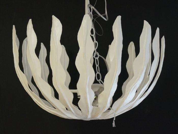 Lot 729  -  Domed Paper Mache Hanging Light Chandelier. White painted organic form petals. -- Dimensions:  H: 24 inches: W: 24 inches: D: 24 inches --- 