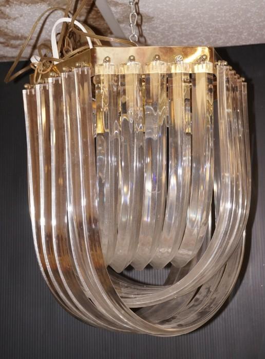 Lot 730  -  Lucite Banded Hanging Light Chandelier. "U" Shaped acrylic bands.-- Dimensions:  H: 17.25 inches: W: 16 inches: D: 16 inches --- 
