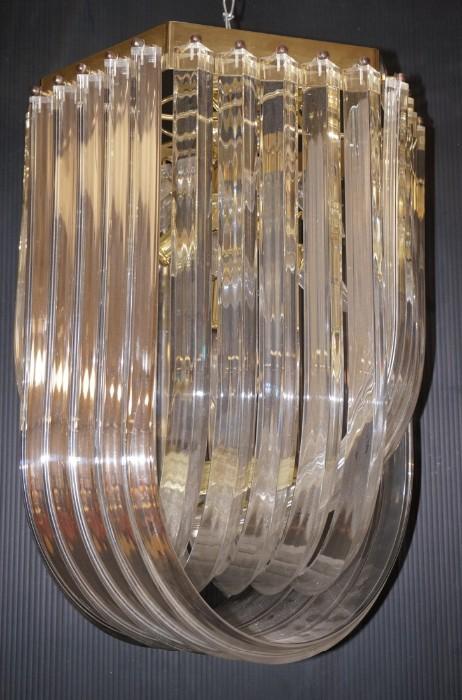 Lot 731  -  Larger Lucite Banded Hanging Light Chandelier. "U" Shaped acrylic bands.-- Dimensions:  H: 19.5 inches: W: 16 inches: D: 16 inches --- 