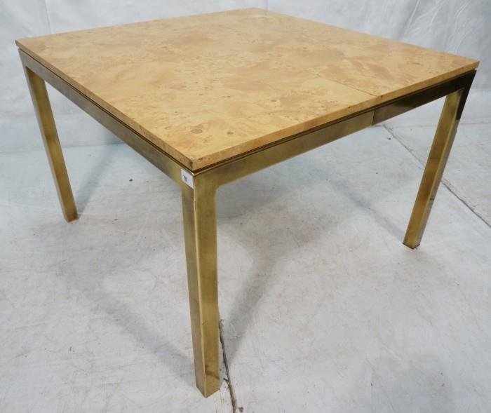 Lot 736  -  MILO BAUGHMAN style Burled Wood Dining Table. Square Burled Top on Square Brass Frame & Legs. Not marked-- Dimensions:  H: 29.5 inches: W: 42 inches: D: 42 inches --- 