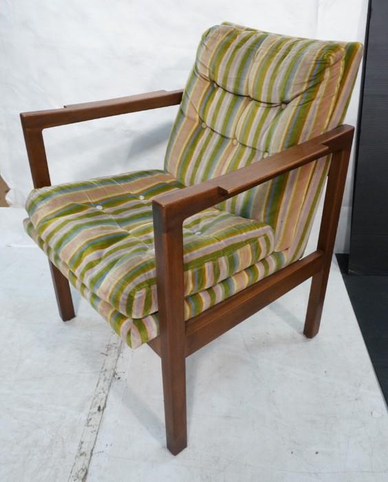 Lot 738  -  JENS RISOM Style Wood Lounge Chair. Open Arm Square Wood Frame. Striped Fabric. Not marked.-- Dimensions:  H: 33 inches: W: 25.5 inches: D: 24 inches --- 