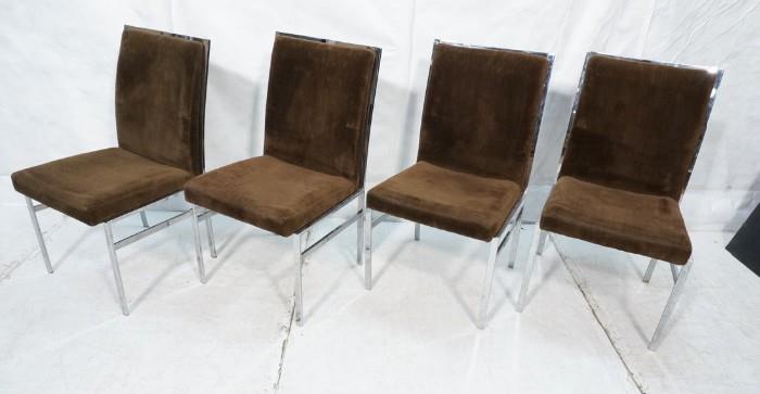Lot 745  -  4pc 70's Modern Chrome Brown Velour Dining Chairs. Square Chrome Frame. DILLINGHAM label.-- Dimensions:  H: 37.25 inches: W: 20 inches: D: 21 inches --- 