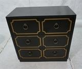 Lot 746  -  DOROTHY DRAPER style 3 Drawer Chest Dresser. Black with Gold Highlights Metal Pulls-- Dimensions:  H: 31 inches: W: 30 inches: D: 16.25 inches --- 