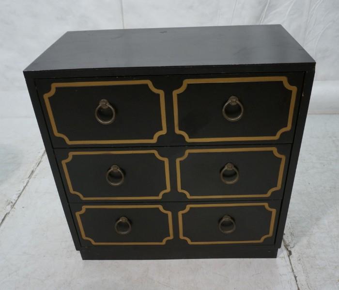 Lot 746  -  DOROTHY DRAPER style 3 Drawer Chest Dresser. Black with Gold Highlights Metal Pulls-- Dimensions:  H: 31 inches: W: 30 inches: D: 16.25 inches --- 