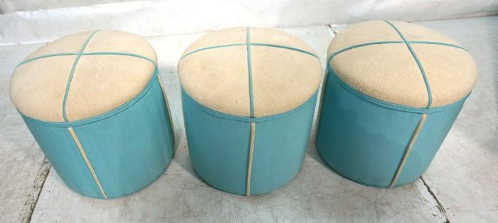 Lot 748  -  3pc Decorator Ottoman Stools. Upholstered over wood frames. Beige & Light Blue Fabric.-- Dimensions:  H: 16 inches: W: 16 inches --- 