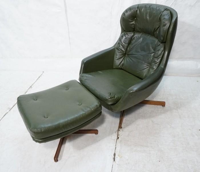 Lot 749  -  Green Vinyl SELIG Lounge Chair & Ottoman. Metal rod with wood feet. Selig label.-- Dimensions:  H: 37.75 inches: W: 32 inches: D: 25 inches --- 