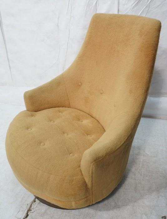 Lot 754  -  ADRIAN PEARSALL Lounge Chair. Tall Back with Recessed Wood Base. Plush Gold Fabric Upholstery.-- Dimensions:  H: 37 inches: W: 31 inches: D: 37 inches --- 