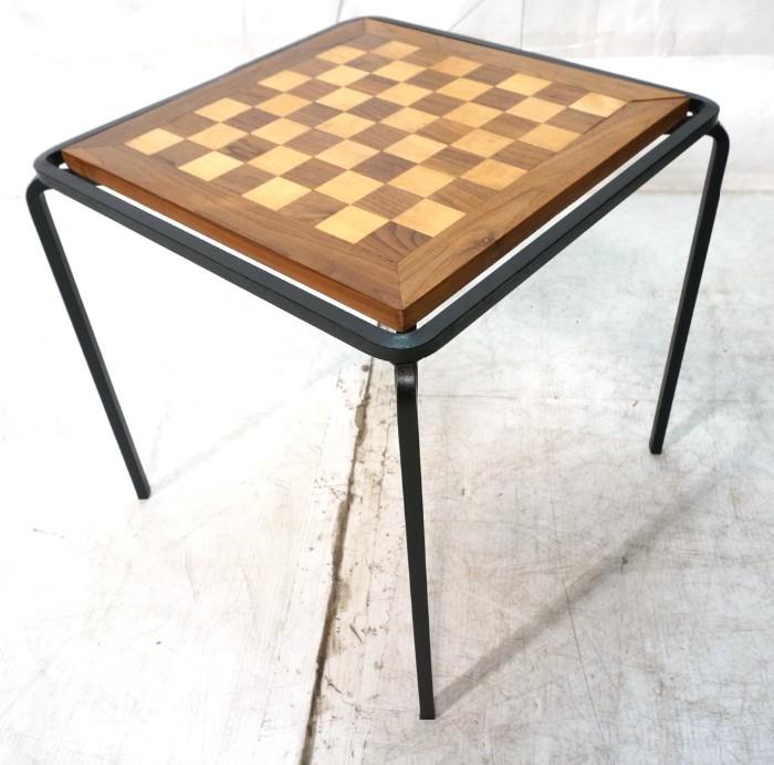 Lot 757  -  Iron Frame Chess Checkers Inlaid Wood Game Table-- Dimensions:  H: 17 inches: W: 17.5 inches: D: 17.5 inches --- 