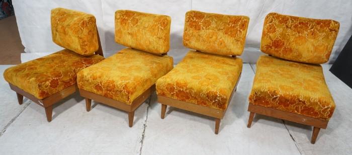 Lot 767  -  4pc Oak Framed Lounge Chairs. Deep Seats. Plush Orange & Gold Fabric Upholstery. Raised on Peg Legs. Marked UNIDAPT. -- Dimensions:  H: 32 inches: W: 24 inches: D: 33 inches --- 