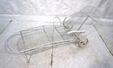 Lot 768  -  RUSSELL WOODARD style White Iron Mesh Chaise Lounge. Garden Outdoor Chaise. Unmarked.-- Dimensions:  H: 29 inches: W: 72 inches: D: 25 inches --- 