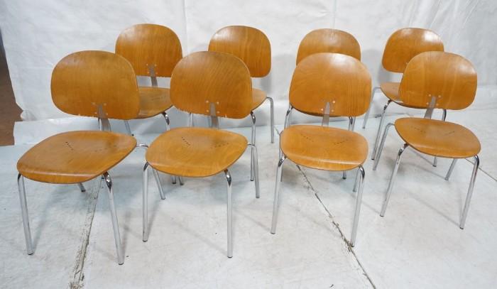 Lot 769  -  8pc GIANCARLO PIRETTI Stacking Chairs. XYLON. Laminated Tops on metal tube legs. Marked-- Dimensions:  H: 32 inches: W: 17 inches: D: 22 inches --- 