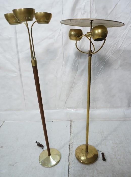 Lot 771  -  2pc 70's Modern Brass Floor Lamps. Both have three shades. One has wood column. -- Dimensions:  H: 63 inches: W: 16 inches: D: 16 inches --- 