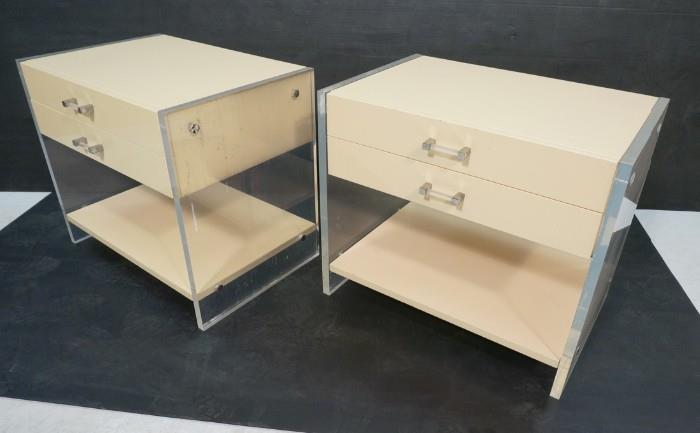 Lot 772  -  Pr CARL SPRINGER style Lucite & Lacquered Night Stands. 1" thick Lucite slabs support 2 drawer lacquer cabinets with lower shelf. End Tables. Not marked.-- Dimensions:  H: 26 inches: W: 30.25 inches: D: 20 inches --- 