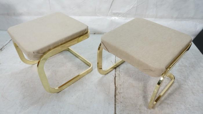 Lot 776  -  Pr Brass Stools with fabric seats. Not marked. -- Dimensions:  H: 16 inches: W: 18.5 inches: D: 18.5 inches --- 
