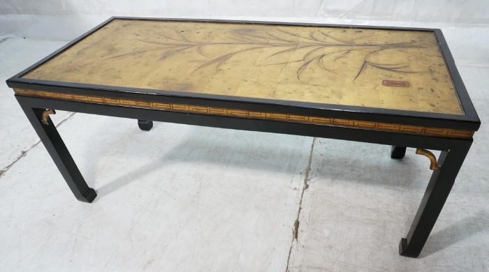 Lot 777  -  Black Lacquer Coffee Table. Top paint decorated with Asian Design. Asian corner details. -- Dimensions:  H: 20 inches: W: 47 inches: D: 21.5 inches --- 