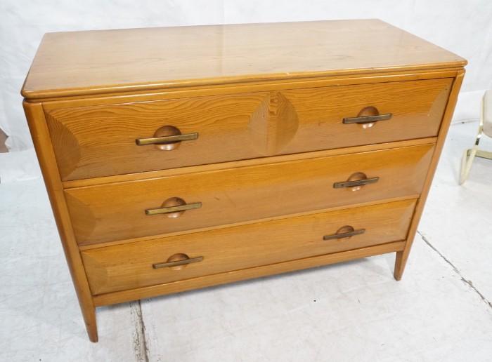 Lot 778  -  WIDDICOMB American Modern Wood Dresser Cabinet. Three shaped stylish drawers with brass handles. Marked. -- Dimensions:  H: 34.25 inches: W: 46 inches: D: 21 inches --- 