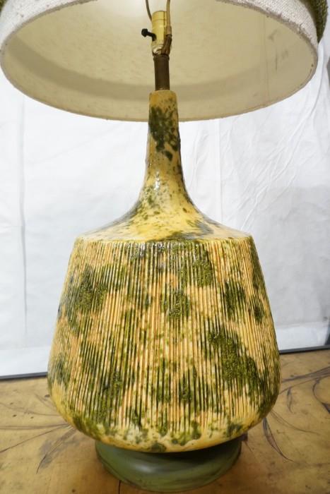 Lot 779  -  Large Oversized Glazed Pottery Lamp. Custom made shade. Painted metal base-- Dimensions:  H: 47 inches: W: 20 inches --- 