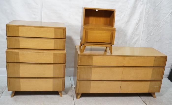 Lot 782  -  3pc R Way Blond Bedroom Set. Night Stand. 5 drawer Tall Chest. Six drawer Low Dresser. -- Dimensions:  H: 49.25 inches: W: 36 inches: D: 21 inches --- 