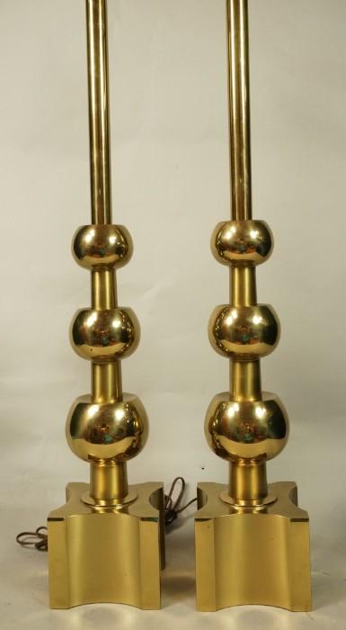 Lot 783  -  Pr STIFFEL Brass Lamps. Tall Decorator form with tapered ball details. Label.-- Dimensions:  H: 40 inches: W: 5.5 inches --- 