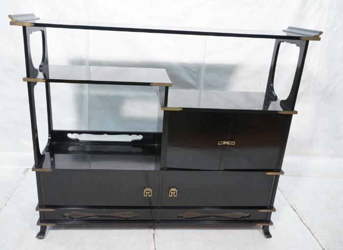 Lot 785  -  Black Lacquered Asian Style Cabinet Etagere. Room Divider. Brass hardware and accents. Finished on both sides.-- Dimensions:  H: 60 inches: D: 19.5 inches: L: 72 inches --- 