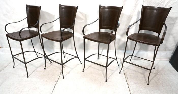 Lot 786  -  4pc Decorator Leather & Iron Bar Stools. Burnished metal finish. -- Dimensions:  H: 48 inches: W: 21.5 inches: D: 21.5 inches --- 