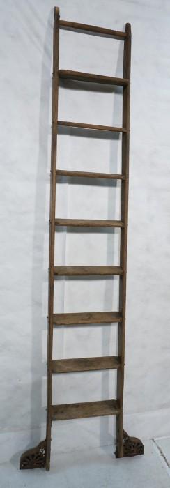 Lot 787  -  Vintage Industrial Wood Ladder with Wheels. Library style. Putnam & Makers.-- Dimensions:  H: 105 inches: W: 32 inches --- 