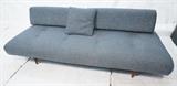 Lot 791  -  Modernist Blue Multicolor Fabric Wood Frame Sofa Couch. Wood peg legs. Low profile. Daybed.-- Dimensions:  H: 27 inches: D: 31 inches: L: 79 inches --- 