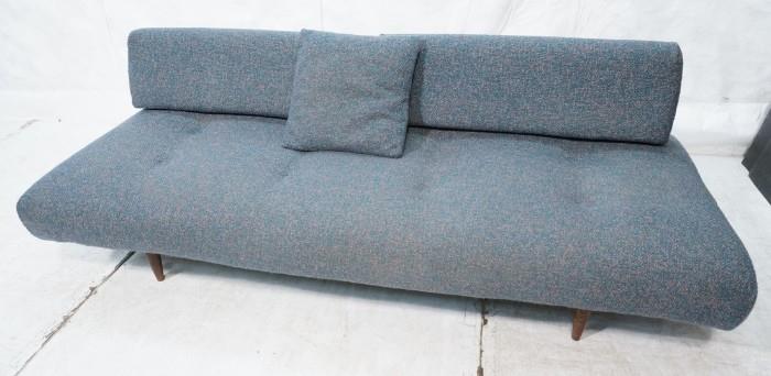 Lot 791  -  Modernist Blue Multicolor Fabric Wood Frame Sofa Couch. Wood peg legs. Low profile. Daybed.-- Dimensions:  H: 27 inches: D: 31 inches: L: 79 inches --- 