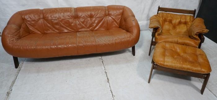 Lot 792  -  3pc Brazilian Rosewood Couch, Chair, Ottoman. Leather cushions. Marked Brazil.-- Dimensions:  H: 27 inches: W: 33 inches: L: 80 inches --- 