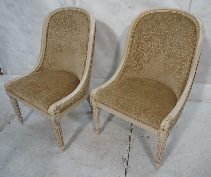 Lot 793  -  Pr Decorator Lounge Chairs. Antiqued paint finish. Floral fabric upholstery. -- Dimensions:  H: 40 inches: W: 26 inches: D: 27 inches --- 