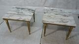 Lot 794  -  Pr Square Marble Top Decorator Side Tables. Fancy Metal Column form legs. -- Dimensions:  H: 17.5 inches: W: 24.75 inches: D: 24 inches --- 