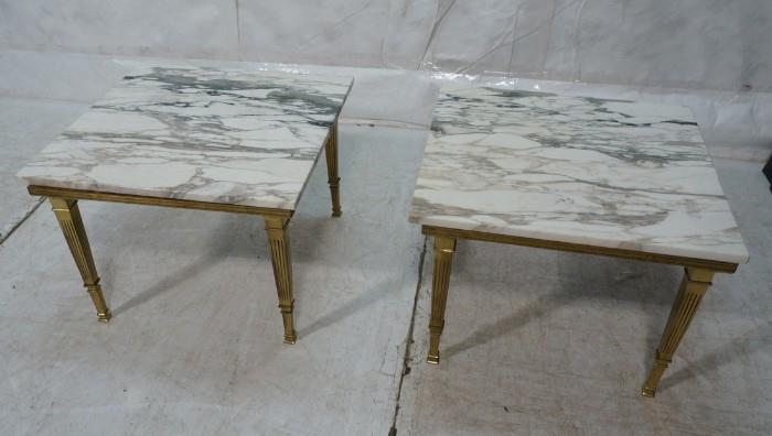 Lot 794  -  Pr Square Marble Top Decorator Side Tables. Fancy Metal Column form legs. -- Dimensions:  H: 17.5 inches: W: 24.75 inches: D: 24 inches --- 
